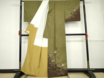 平和屋着物●本場大島紬　染大島　訪問着　刺繍　枝花文　金彩　やまと誂製　正絹　逸品　AABK3530cs