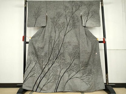 平和屋着物●二代目　川村久太郎　訪問着　枝木文　たたき染め　正絹　逸品　AABK3548cs