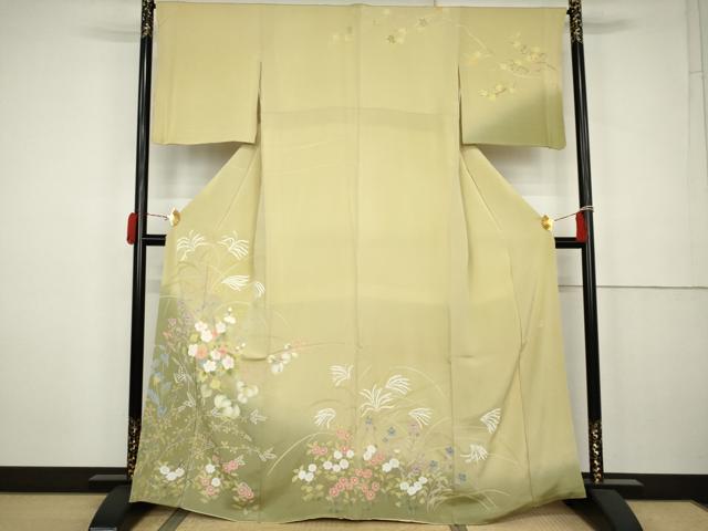 平和屋着物●訪問着　作家物　枝花文　暈し染め　鬼しぼ縮緬　正絹　逸品　AABK3553cs