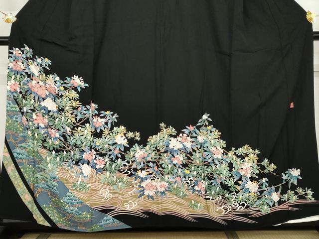平和屋着物●豪華黒留袖　友禅　作家物　立波花松文　正絹　逸品　AABK3556cs