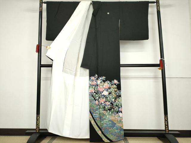 平和屋着物●豪華黒留袖　友禅　作家物　立波花松文　正絹　逸品　AABK3556cs