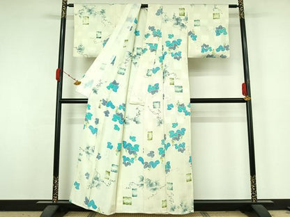 平和屋着物▽上質な小紋　単衣　地紋起こし　葡萄唐草文　正絹　逸品　AABK3564jh