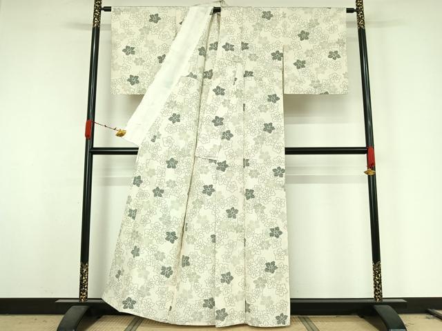 平和屋着物▽上質な紬　単衣　舞花文　正絹　逸品　AABK3565jh