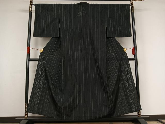 平和屋着物▽上質な小紋　単衣　捩り織　草葉文　黒地　正絹　逸品　AABK3566jh