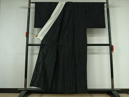 平和屋着物▽上質な小紋　単衣　捩り織　草葉文　黒地　正絹　逸品　AABK3566jh