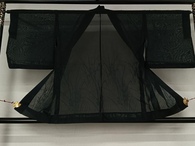 平和屋着物▽羽織　スリーシーズン　春夏秋　塵除け　流水花文　黒地　正絹　逸品　AABK3569jh