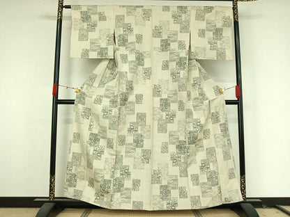 平和屋着物▽上質な紬　単衣　色紙花文　正絹　逸品　AABK3573jh