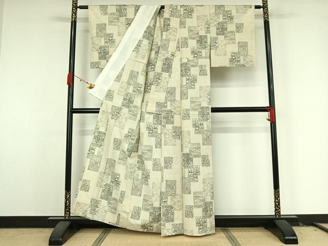 平和屋着物▽上質な紬　単衣　色紙花文　正絹　逸品　AABK3573jh