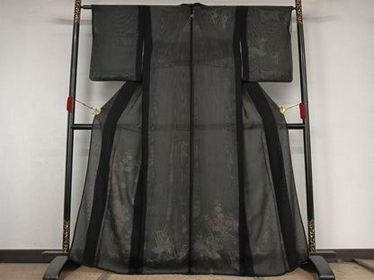 平和屋着物▽訪問着　無双　紗袷　紗×絽　流水花文　黒地　正絹　逸品　AABK3574jh