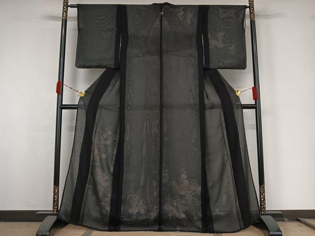 平和屋着物▽訪問着　無双　紗袷　紗×絽　流水花文　黒地　正絹　逸品　AABK3574jh