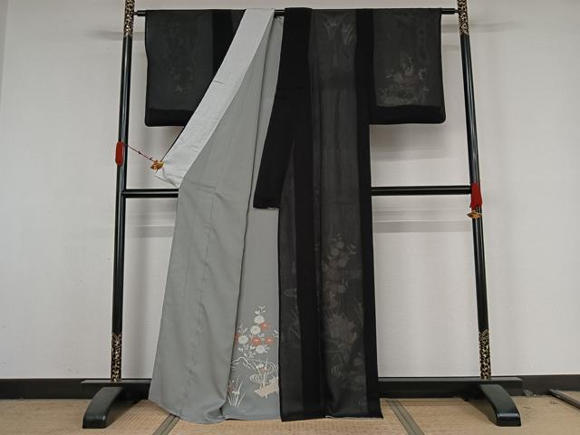 平和屋着物▽訪問着　無双　紗袷　紗×絽　流水花文　黒地　正絹　逸品　AABK3574jh