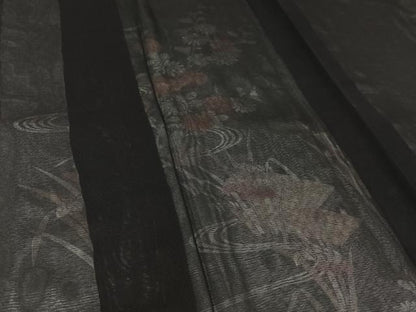 平和屋着物▽訪問着　無双　紗袷　紗×絽　流水花文　黒地　正絹　逸品　AABK3574jh