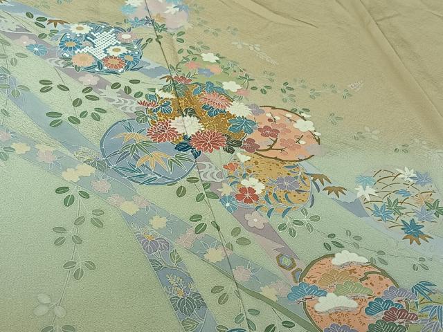 平和屋着物▽訪問着　単衣　吉祥花丸文　暈し染め　金彩　松坂屋扱い　正絹　逸品　AABK3578jh