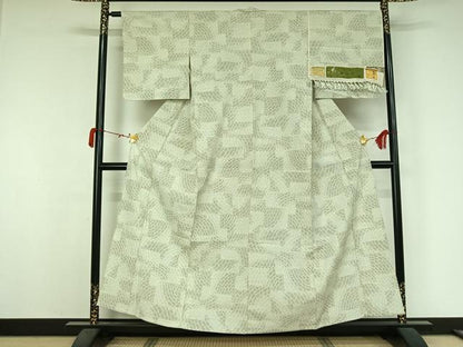 平和屋着物▽お召　単衣　石畳文様　反端付き　正絹　逸品　AABK3584jh