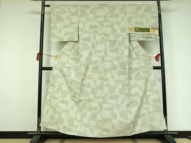 平和屋着物▽お召　単衣　石畳文様　反端付き　正絹　逸品　AABK3584jh