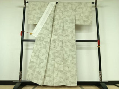 平和屋着物▽お召　単衣　石畳文様　反端付き　正絹　逸品　AABK3584jh