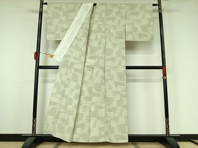 平和屋着物▽お召　単衣　石畳文様　反端付き　正絹　逸品　AABK3584jh