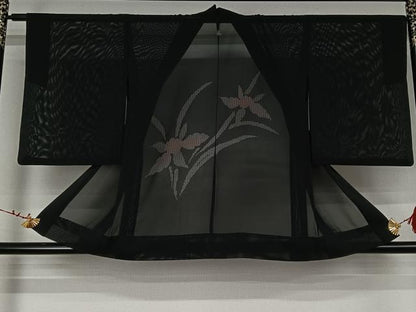 平和屋着物▽羽織　スリーシーズン　春夏秋　塵除け　草花文　黒地　正絹　逸品　AABK3585jh