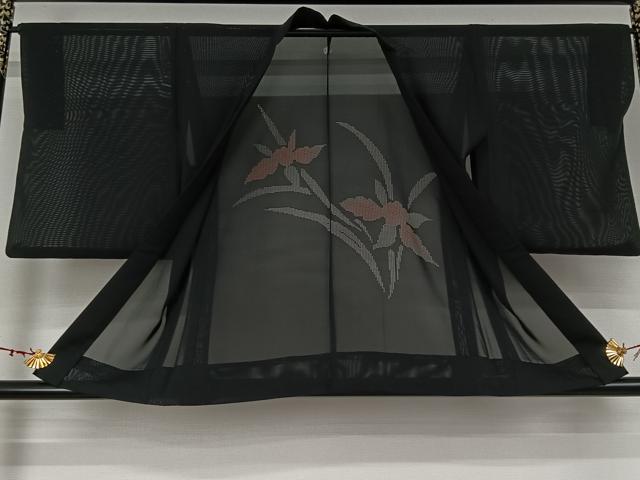 平和屋着物▽羽織　スリーシーズン　春夏秋　塵除け　草花文　黒地　正絹　逸品　AABK3585jh