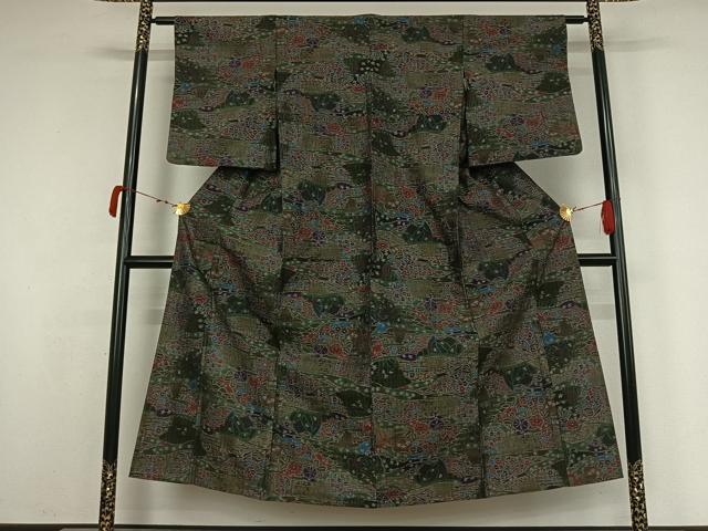 平和屋着物▽小千谷紬　単衣　草花文　正絹　逸品　AABK3587jh