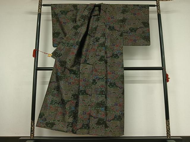 平和屋着物▽小千谷紬　単衣　草花文　正絹　逸品　AABK3587jh