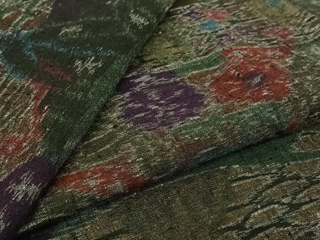 平和屋着物▽小千谷紬　単衣　草花文　正絹　逸品　AABK3587jh
