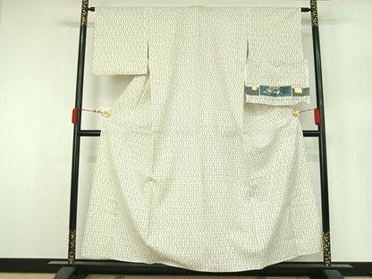 平和屋着物▽虹織紬　単衣　幾何学文様　反端付き　正絹　逸品　AABK3588jh