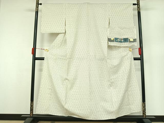 平和屋着物▽虹織紬　単衣　幾何学文様　反端付き　正絹　逸品　AABK3588jh