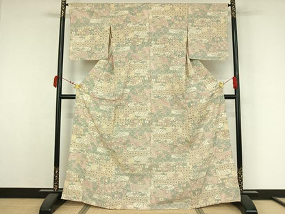 平和屋着物▽お召　単衣　吉祥花文　正絹　逸品　AABK3589jh