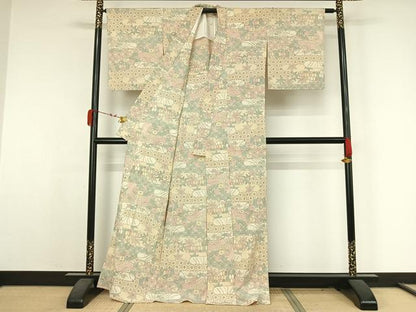 平和屋着物▽お召　単衣　吉祥花文　正絹　逸品　AABK3589jh