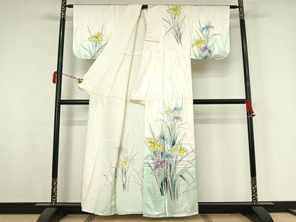 平和屋着物▽訪問着　単衣　手描き　燕子花　暈し染め　正絹　逸品　AABK3591jh
