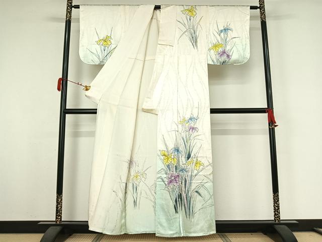 平和屋着物▽訪問着　単衣　手描き　燕子花　暈し染め　正絹　逸品　AABK3591jh