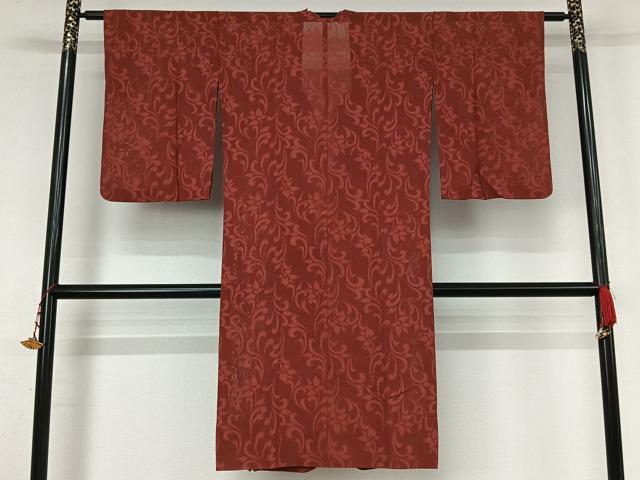 平和屋着物▽道行コート　スリーシーズン　春夏秋　塵除け　草花文　臙脂色　ロング丈　正絹　逸品　AABK3593jh