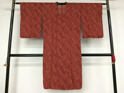 平和屋着物▽道行コート　スリーシーズン　春夏秋　塵除け　草花文　臙脂色　ロング丈　正絹　逸品　AABK3593jh