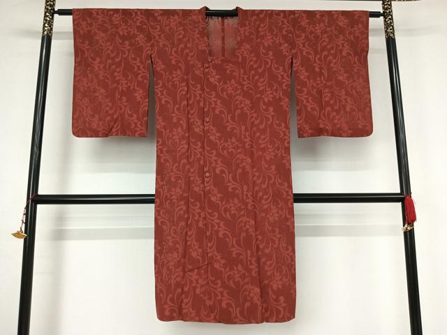 平和屋着物▽道行コート　スリーシーズン　春夏秋　塵除け　草花文　臙脂色　ロング丈　正絹　逸品　AABK3593jh