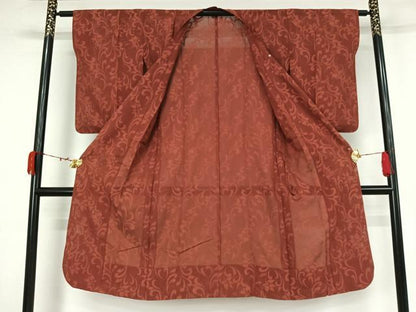 平和屋着物▽道行コート　スリーシーズン　春夏秋　塵除け　草花文　臙脂色　ロング丈　正絹　逸品　AABK3593jh