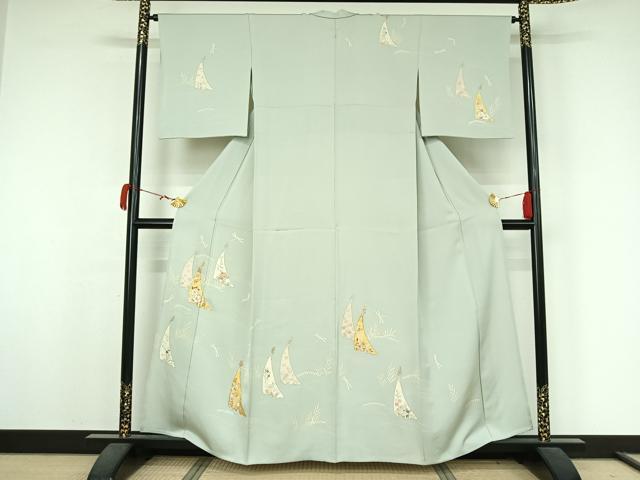 平和屋着物▽訪問着　単衣　駒刺繍　草花文　金彩　正絹　逸品　AABK3595jh