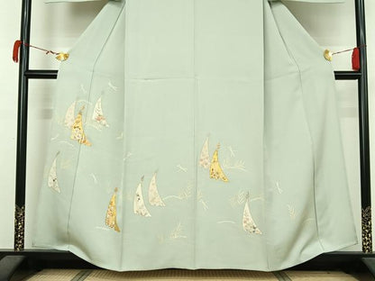 平和屋着物▽訪問着　単衣　駒刺繍　草花文　金彩　正絹　逸品　AABK3595jh