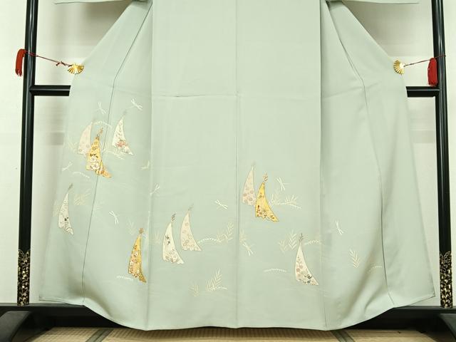 平和屋着物▽訪問着　単衣　駒刺繍　草花文　金彩　正絹　逸品　AABK3595jh