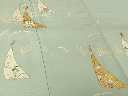 平和屋着物▽訪問着　単衣　駒刺繍　草花文　金彩　正絹　逸品　AABK3595jh