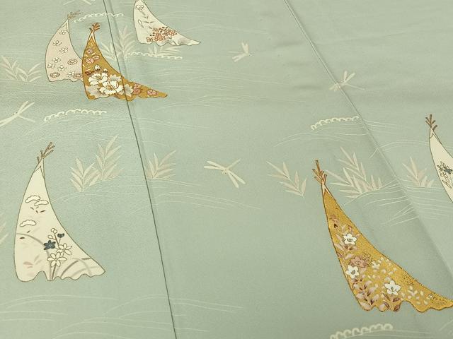 平和屋着物▽訪問着　単衣　駒刺繍　草花文　金彩　正絹　逸品　AABK3595jh