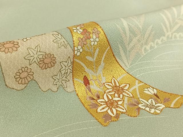 平和屋着物▽訪問着　単衣　駒刺繍　草花文　金彩　正絹　逸品　AABK3595jh