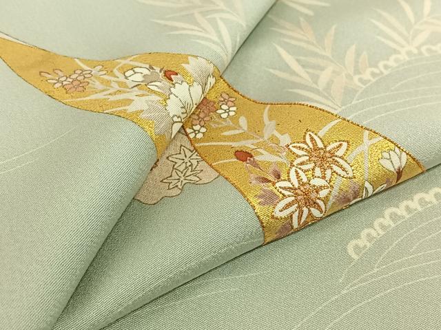 平和屋着物▽訪問着　単衣　駒刺繍　草花文　金彩　正絹　逸品　AABK3595jh
