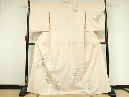 平和屋着物▽訪問着　単衣　紬地　手描き　草花文　金彩　正絹　逸品　AABK3596jh
