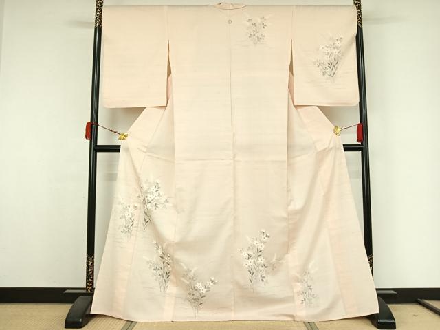 平和屋着物▽訪問着　単衣　紬地　手描き　草花文　金彩　正絹　逸品　AABK3596jh