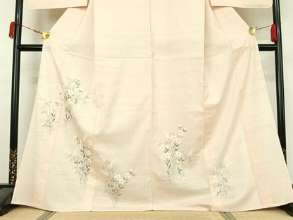 平和屋着物▽訪問着　単衣　紬地　手描き　草花文　金彩　正絹　逸品　AABK3596jh