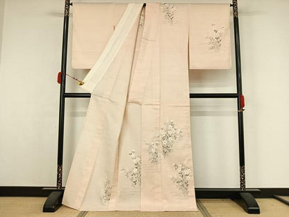 平和屋着物▽訪問着　単衣　紬地　手描き　草花文　金彩　正絹　逸品　AABK3596jh