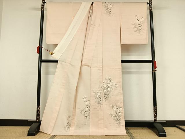 平和屋着物▽訪問着　単衣　紬地　手描き　草花文　金彩　正絹　逸品　AABK3596jh