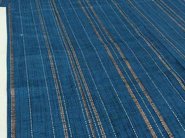 平和屋着物▽上質な紬　単衣　刺繍　刺子　縞　正絹　逸品　AABK3606jh