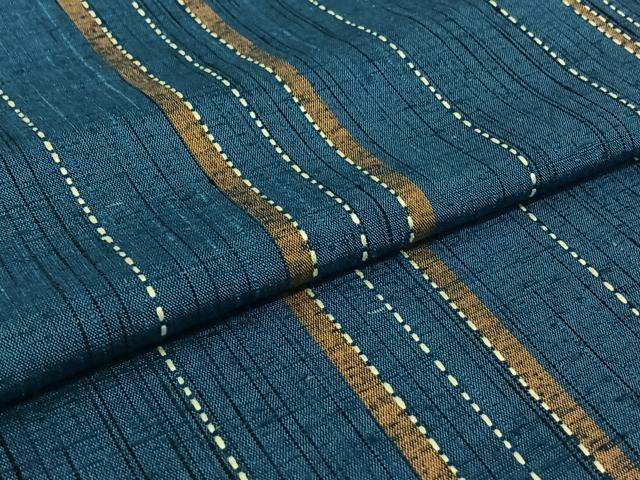 平和屋着物▽上質な紬　単衣　刺繍　刺子　縞　正絹　逸品　AABK3606jh